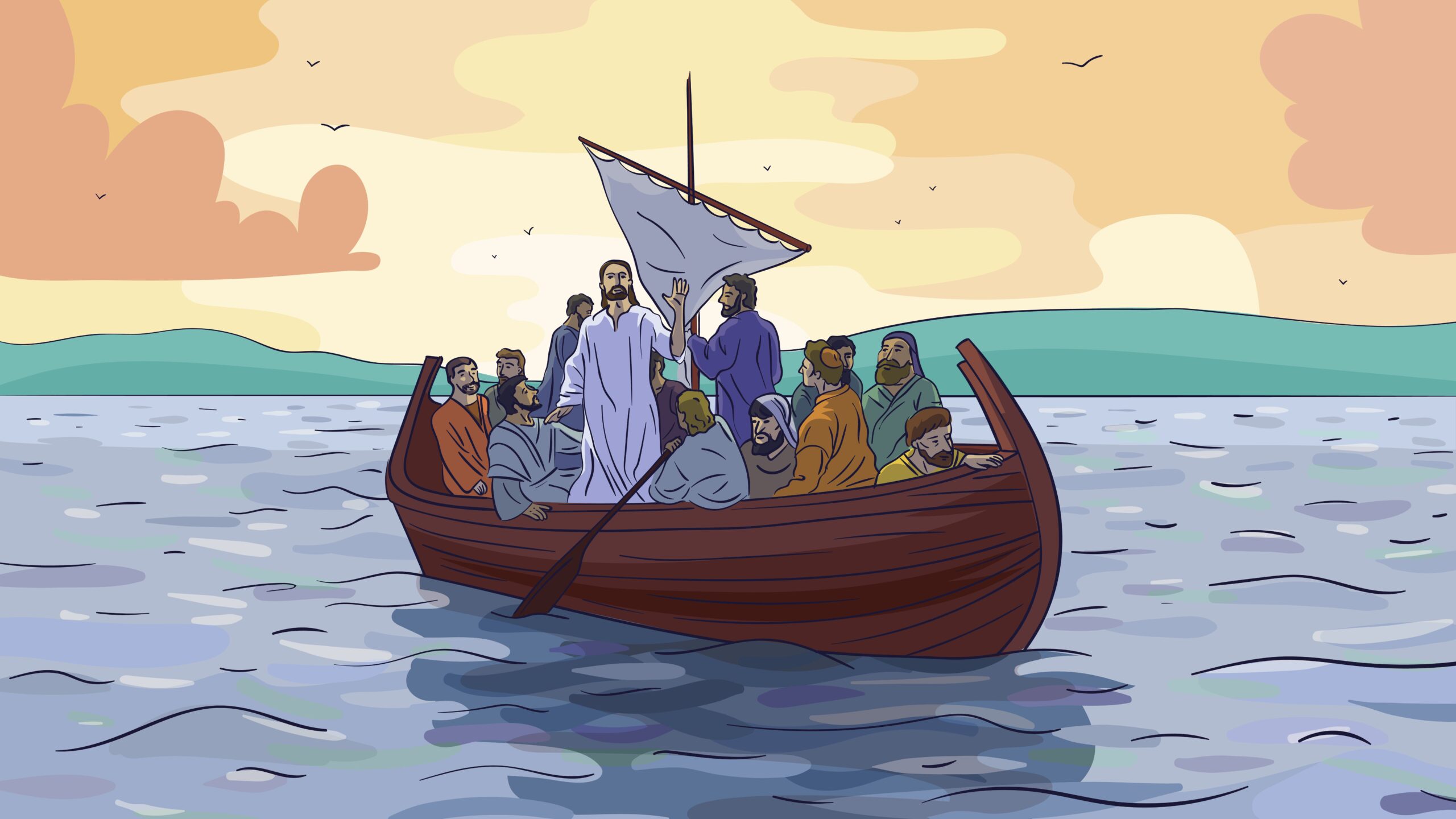 Bild mit Jesus inmitten von Menschen in einem Boot auf einem See: Das Projekt 
